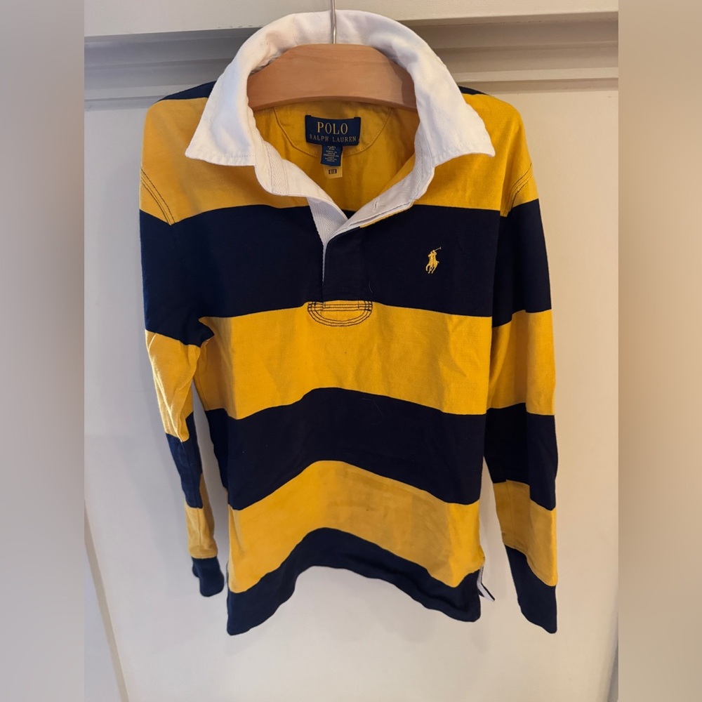 Boys Polo Ralph Lauren Yellow & Navy Striped Rugby Shirt